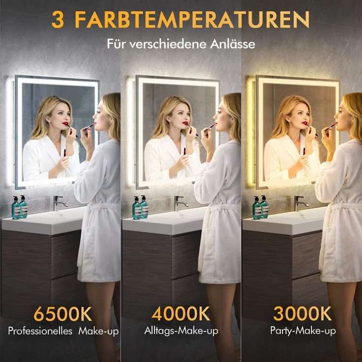 GIMBELEN LED Badezimmerspiegel 80x60 cm, beleuchteter Wandspiegel, 3 Lichtfarben, dimmbar, Anti-Beschlag, Memory-Funktion, HD-Glas 4 mm, IP44, horizontal/vertikal montierbar, Aluminiumrahmen, Schwarz – Bild 2