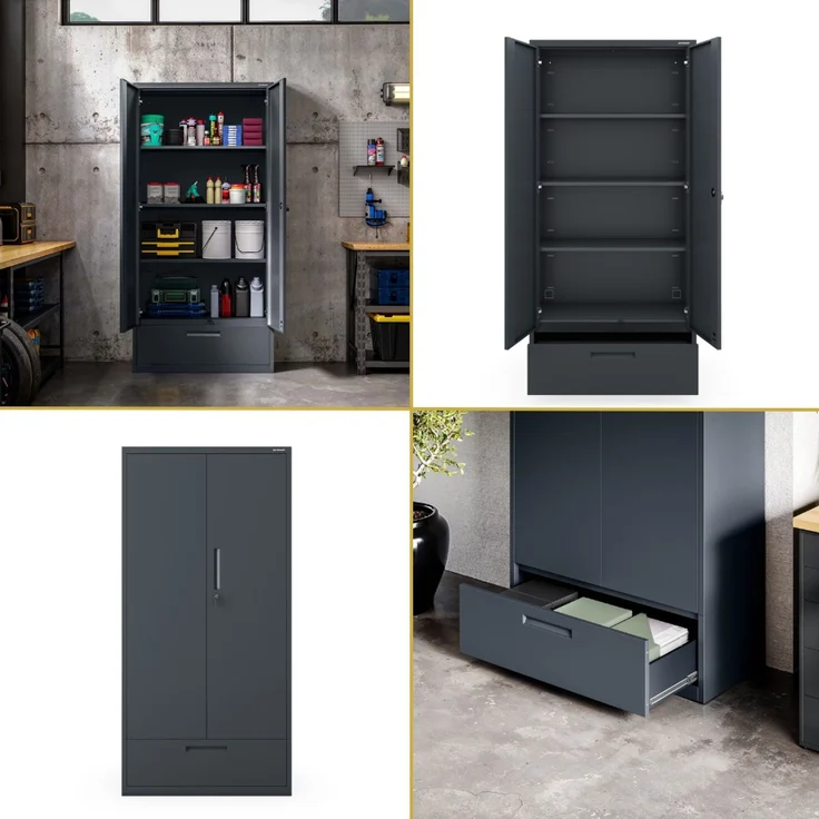 Metallschrank mit Einzel-Schublade RUEL - 195x90x40cm Anthrazit | Büroschrank Aktenschrank Stahlschrank Fachbodenschrank Werkstattschrank – Bild 7