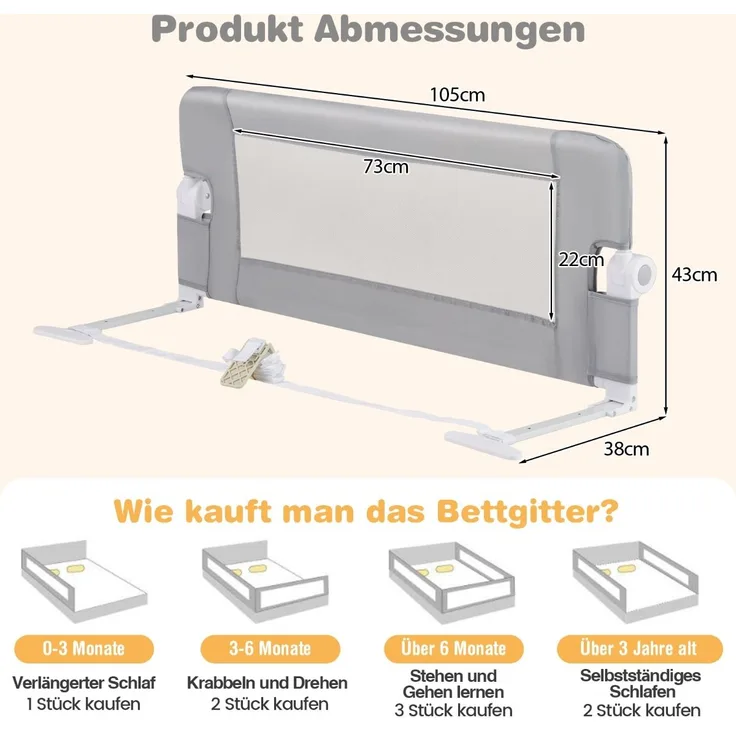 Faltbares Bettgitter Sicherheitsgitter für Kleinkinder Bettschutzgitter mit Gurt 105 x 40 x 42 cm Grau