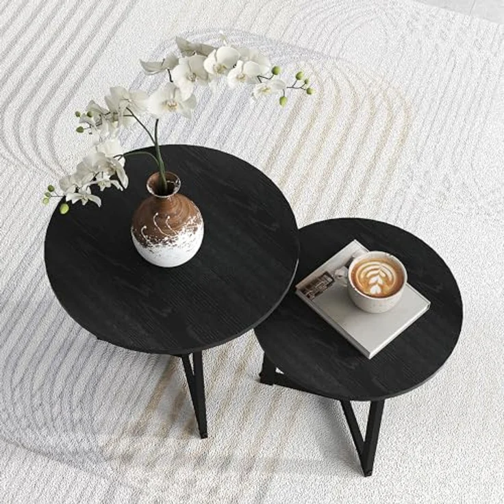 HOMCOM Couchtisch-Set, Schwarz, runde Form aus lackiertem Stahl und MDF, ø48x45 cm und ø40x40 cm, platzsparend und modern – Bild 8