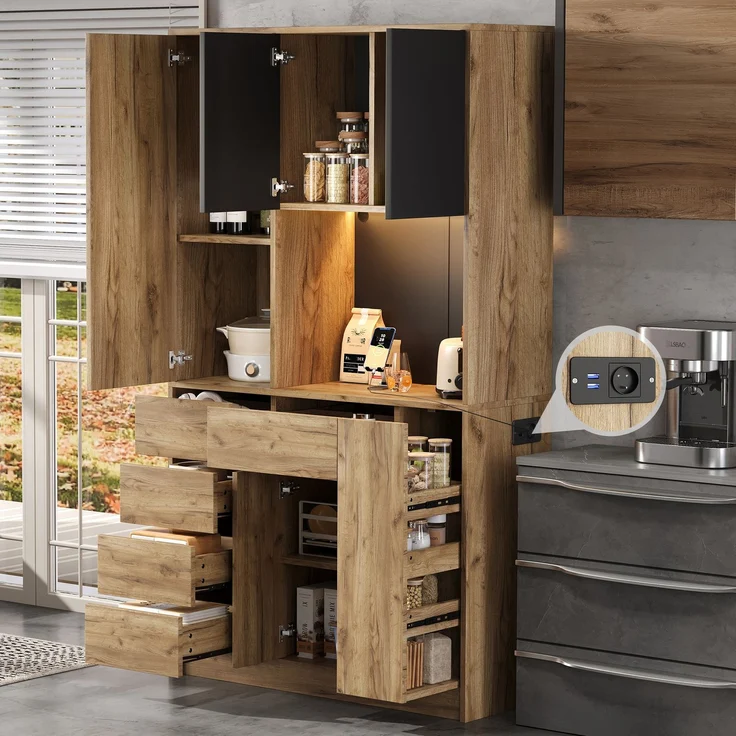 ZUBALIYA Küchenschrank 105x40x185 cm, mit LED-Beleuchtung, mit Steckdosen, mit verstellbaren Einlegeböden, aus MDF, Schwarz / Natur – Bild 2