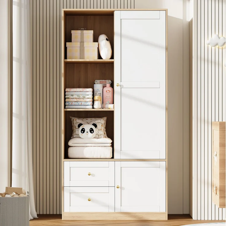 CHICFURN Kleiderschrank 90x180x50 cm aus MDF mit Schiebetür und 2 Schubladen – Naturholzoptik/Weiß – Bild 4