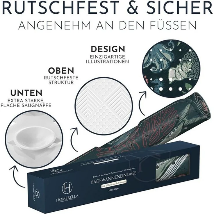 Homerella Badematte rutschfest 100% BPA frei inkl. 2 Haken zum Aufhängen 100x40cm, Antirutschmatte Badewanne hautsensitiv & schimmelresistent – Bild 4