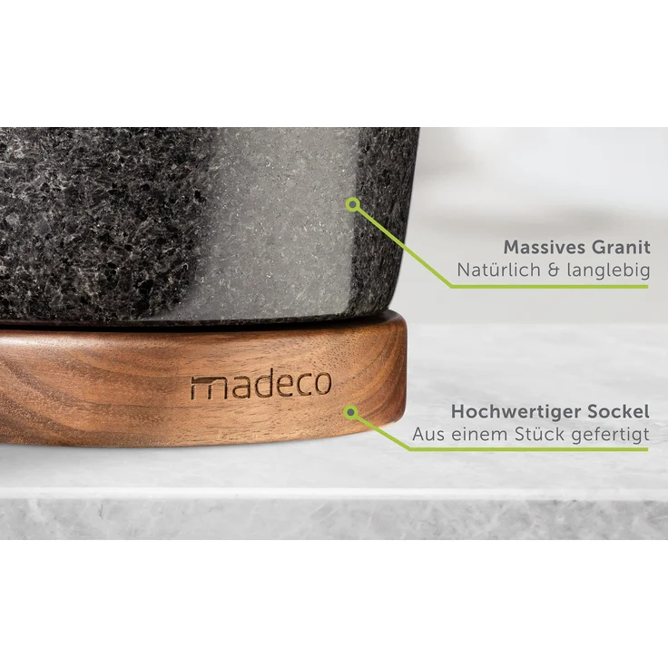 madeco Mörser mit Stößel Granit auf Holzsockel Nussbaum Ø 14,5 cm - Perfekt geeignet für Gewürze, Kräuter & Nüsse - Steinmörser Set - Design Granit Mörser & Stößel groß – Bild 10