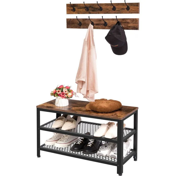 HOOBRO Garderobe Schuhbank Set, Schuhregal, Garderobenleiste mit Ablage und 9 Haken, garderobenset, Industriestil, Metallgestell, Flur, Eingangsbereich, Dunkelbraun-Schwarz EBF17MT01