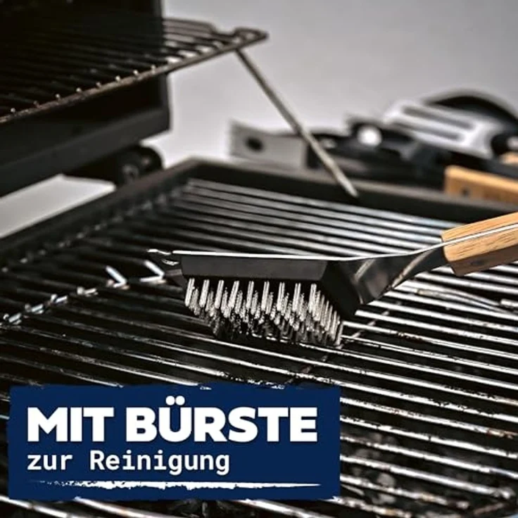 Praknu Grillbesteck-Set mit Holzgriffen und Tragetasche - Hitzebeständig, Rostfrei und Robust, (4-teiliges Set, 4 tlg, 1x Grillzange, Grillwender, Grillgabel, Grillbürste, Tragetasche), Lange Griffe (38cm), Spülmaschinenfest, inkl. Aufbewahrungstasche – Bild 7