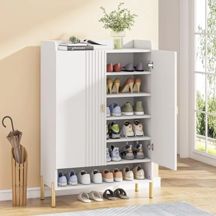 LITTLE TREE Schuhschrank für den Eingangsbereich: 6-stöckiger Schuh-Organizer, schmal, freistehend, Holz-Schuhregal mit Türen, verstellbare Einlegeböden für Flur, Schrank, Wohnzimmer – Bild 2