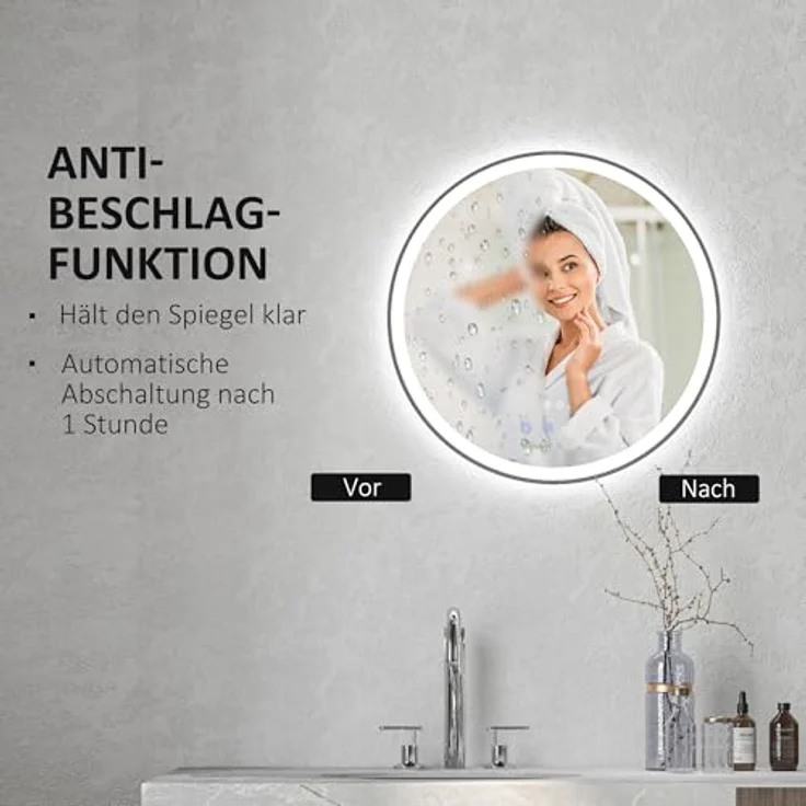 Kleankin Spiegel Badezimmerspiegel, Badspiegel mit LED Beleuchtung (60 cm Leuchtspiegel mit Touch-Funktion, 1-St, Memory-Funktion), Wandspiegel mit Alurahmen – Bild 6