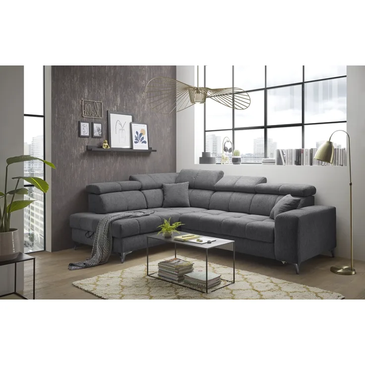 Ecksofa >SYDNEY< Elektrische Sitztiefenverstellung, 5 verstellbare Kopfstützen, Bettkasten, in anthrazit - 282x105x198 (BxHxT)
