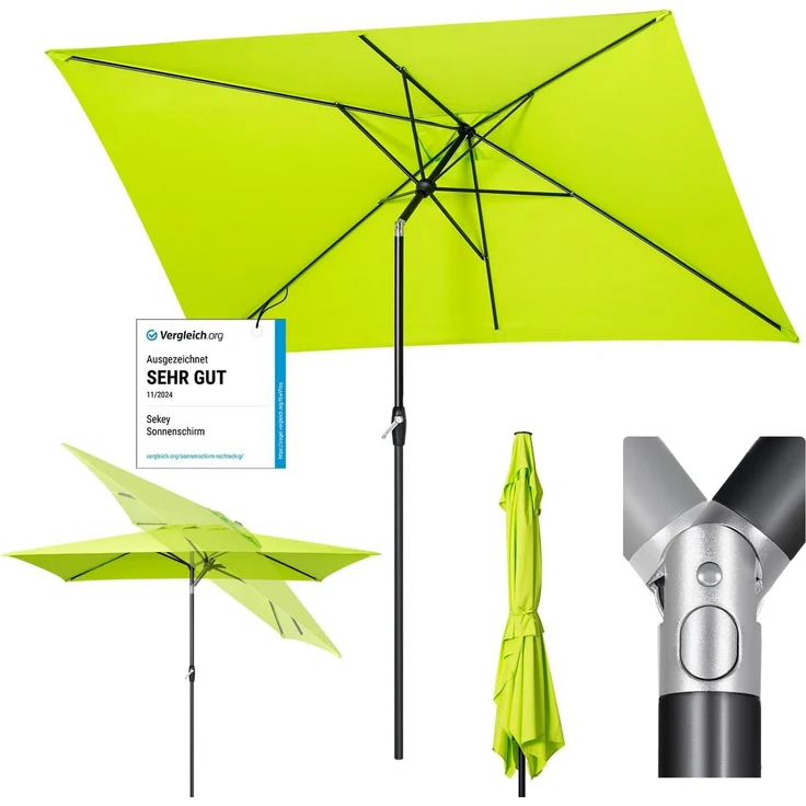 Sekey Aluminum Sonnenschirm mit Kurbel und Knicker, 210 × 140 cm Sonnenschirm Rechteckig für Balkon Garten & Terrasse Sonnenschutz UV 50+, Apfelgrün