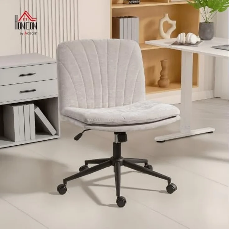 HOMCOM Homeoffice Stuhl Höhenverstellbar Drehstuhl Bürostuhl Beige | Schreibtischstuhl, Leinenoptik, Schneidersitz-Stuhl, Wippfunktion, Breiter Sitz, Rollen, Schminkstuhl, Schlafzimmer – Bild 2