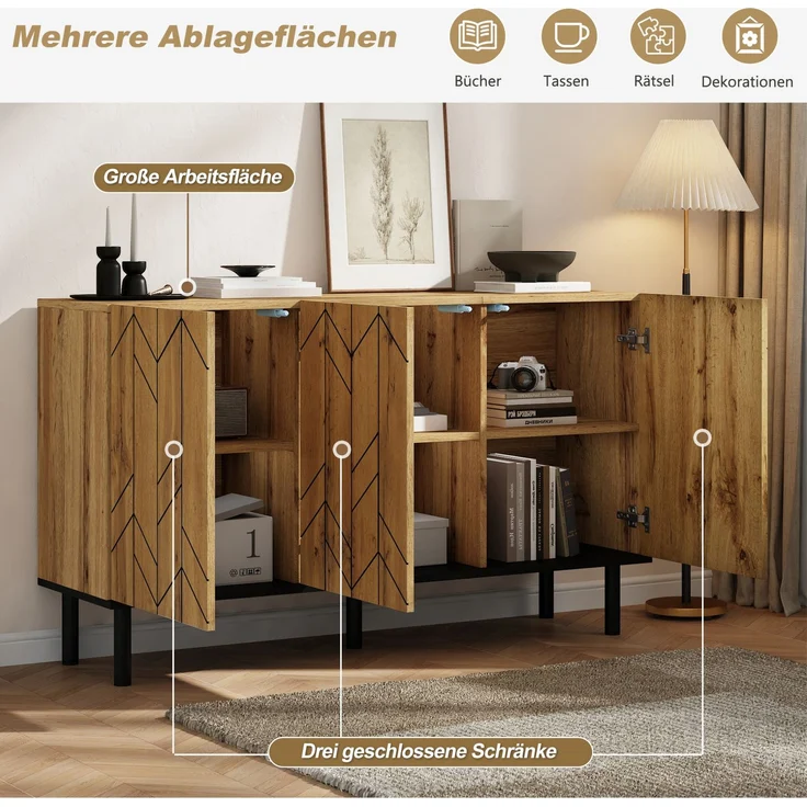 DESVIAE Sideboard Naturholz aus Spanplatte – 120x70x35 cm – 3 Türen, Wellenmuster – Bild 4