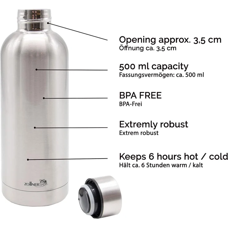 ZOLLNER Thermosflasche aus Edelstahl, 500 ml, silber, mit Schraubverschluß – Bild 2