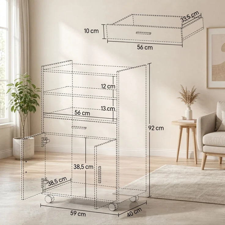 Mikrowellen‑Küchenwagen auf Rollen, Mobiler Küchenrollwagen mit Schrank, Schubladen und Regalen für Küche--Schwarz--59x40x92cm--YOUDENOVA – Bild 7
