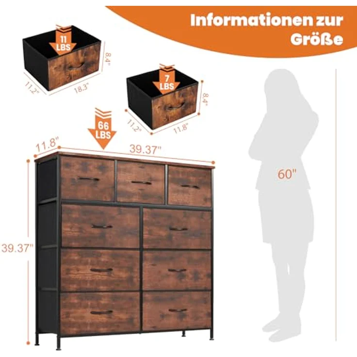 Sweetcrispy Kommode für Schlafzimmer mit 9 Stoffschubladen, hoher Truhenaufbewahrungsturm, Organizer-Einheiten für Kleiderschrank, Kinderzimmermöbel, Stahlrahmen, Holzplatte, leicht, schnell – Bild 4