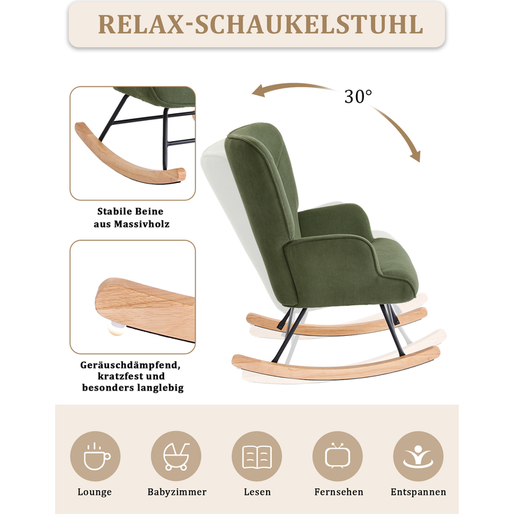 GOEURVANT 5006 Schaukelstuhl mit Hocker (Relaxsessel, Ohrensessel), Feincord - Grün – Bild 8