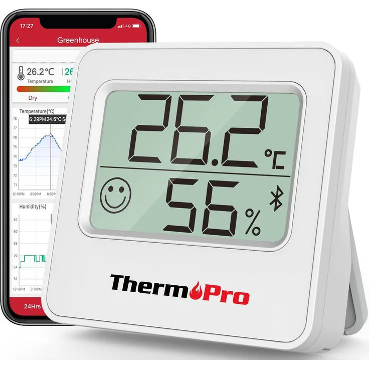 ThermoPro TP357 80m Bluetooth Hygrometer Innen Raumthermometer Digital mit APP Mini Luftfeuchtigkeitsmesser mit Smiley-Indikator Datengrafik für Innenraum, Büro, Weinkeller, Gewächshaus