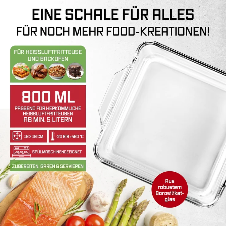 GOURMETmaxx Glas-Auflaufform 800ml transparent für Heißluft-Fritteusen quadratisch – Bild 2