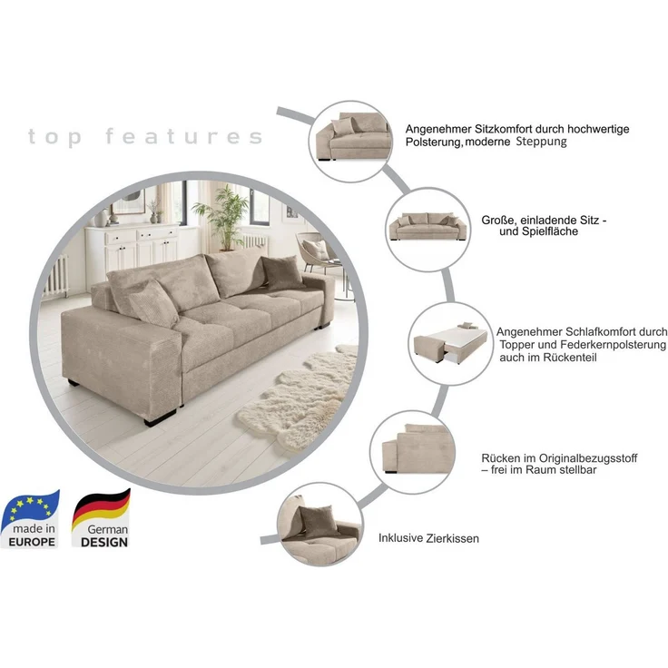 COLLECTION AB Schlafsofa Kreta, B: 248 cm, Liegefl. 137x195 cm, Bettfunktion, Bettkasten & 2 Zierkissen, optional mit Topper – Bild 3