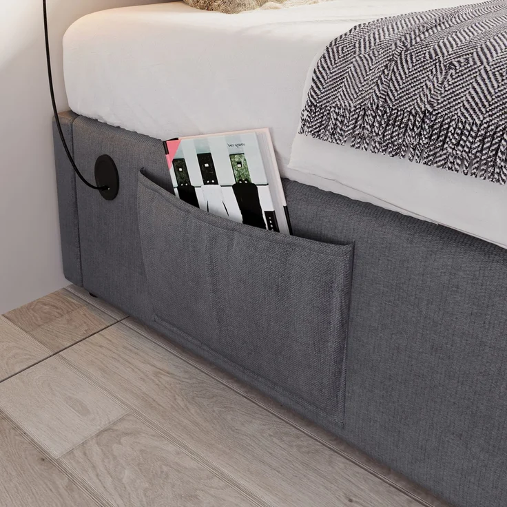 EINHOM Polsterbett Einzelbett 90 x 200 cm, Struraumbett Bettgestell mit USB- C und Vollflächiger Lattenrost, ohne Kopfteil, Leinen, Grau (Ohne Matratze) – Bild 4