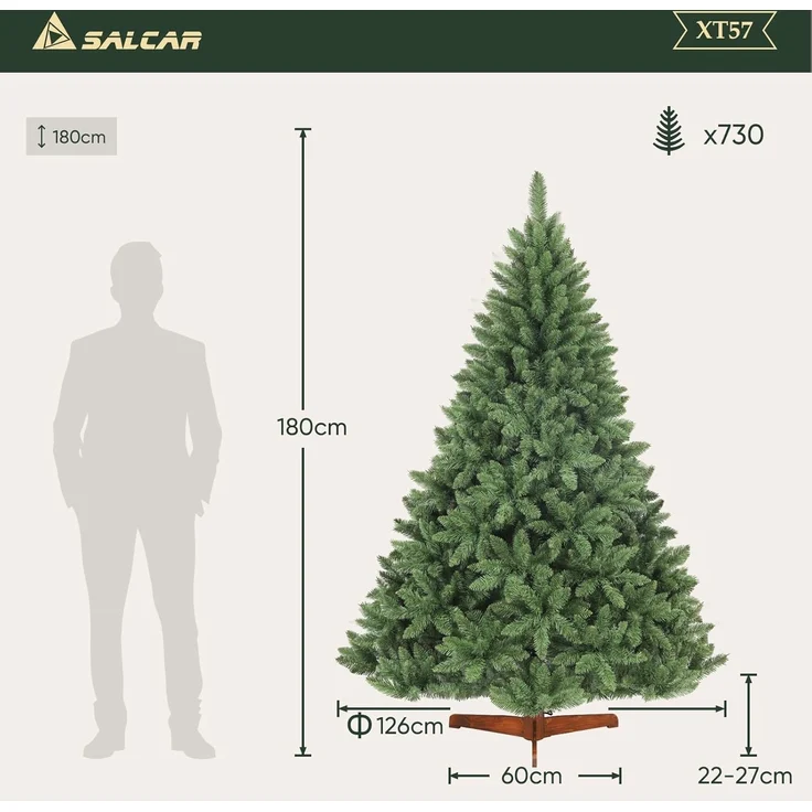 Salcar Künstlicher Weihnachtsbaum Tannenbaum Künstlich Weihnachtsbaum mit Holzständer, Nordmanntanne, 180cm mit 730 PVC-Nadeln – Bild 2