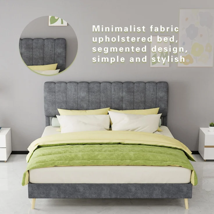 Novelux Modernes Polsterbett 160x200 cm mit weichem Kopfteil – Samtstoff Grau, Massivholz Bettrahmen, Minimalistisches Design ohne Matratze – Bild 5