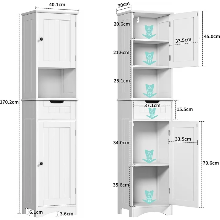 Bealife Hochschrank Badezimmer, Badschrank mit verstellbaren Regalen, Badezimmerschrank mit offenem Fach, Schublade und Türen für Badezimmer, Wohnzimmer, Schlafzimmer (Weiß) – Bild 2