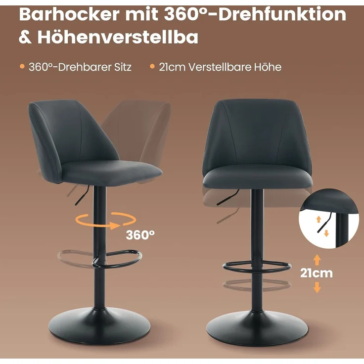 COLAMY 360° Drehbarer Höhenverstellbarer Barhocker 2er Set, Moderne Kücheninsel Barstühle mit Rückenlehne, PU-Kunstleder Barstühle mit Fußstütze – Geeignet für Küche, Bar, Esszimmer, Büro, Schwarz – Bild 4