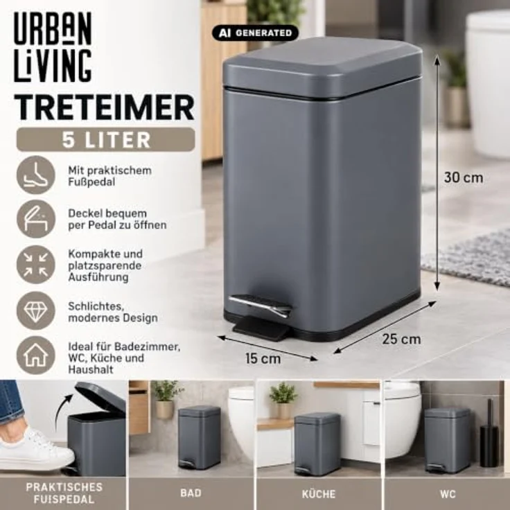Urban Living 5 Liter Tret-Mülleimer Kosmetikeimer Tretmülleimer 37451 Dunkelgrau – Bild 2