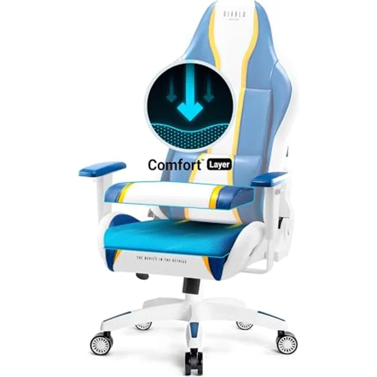 Diablo Chairs Gaming-Stuhl X-One 2.0 ergonomischer Drehstuhl mit Lendenkissen und Kopfstütze Leder HDS Tilttech-Verstellung Armtech-Armlehnen 64 x 33 x 120 cm Aquablau – Bild 10