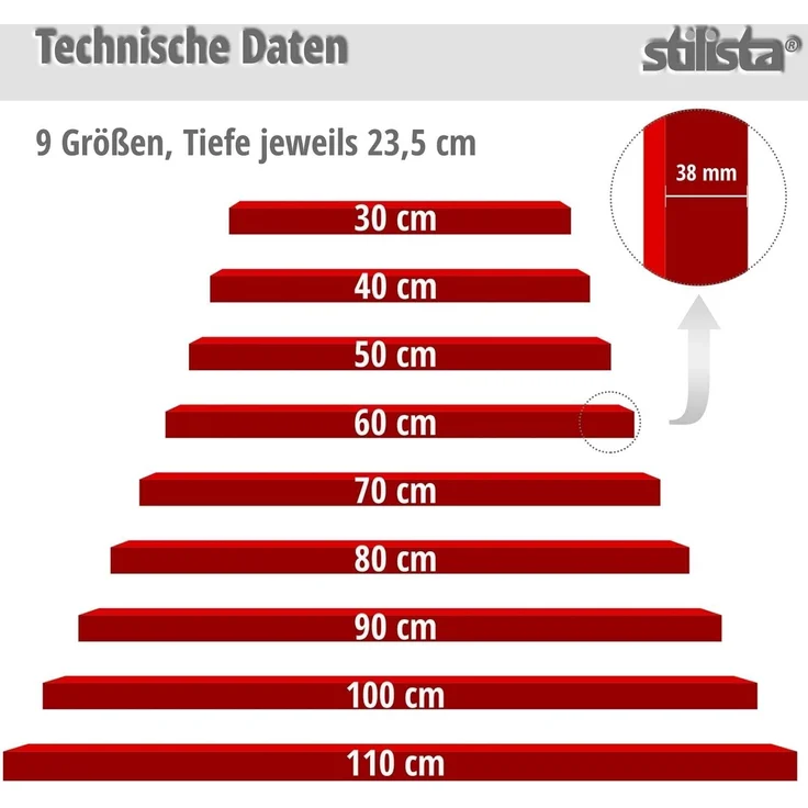 STILISTA® Wandregal Volato, freischwebend, Stärke 3,8cm, schadstoffgeprüft, Holzdekor-hell Rustikal, 110 cm – Bild 4