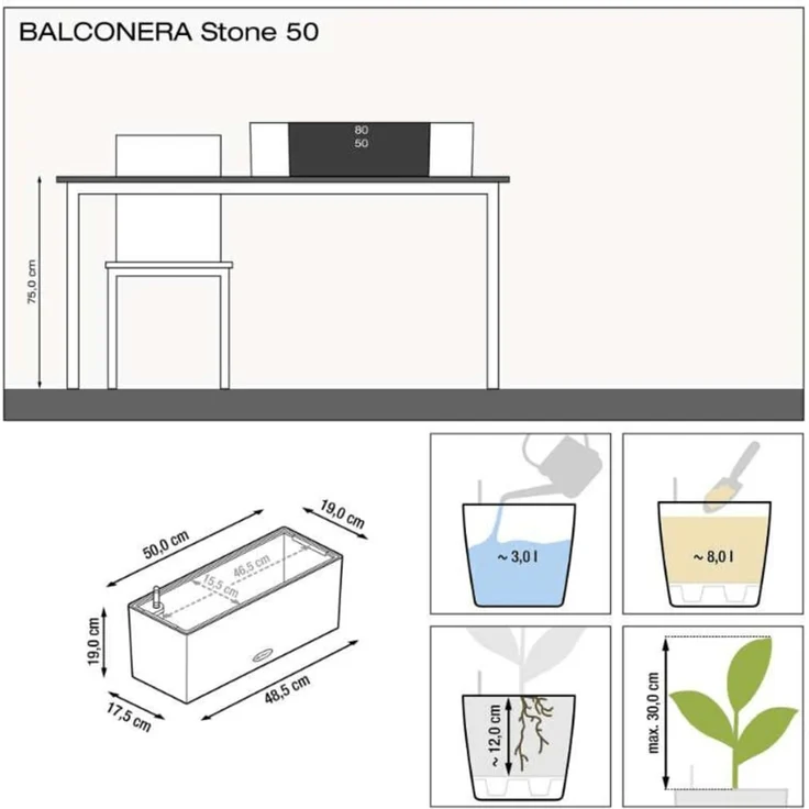 LECHUZA Blumenkasten BALCONERA Stone 50 ALL-IN-ONE Schwarz 425627 – Bild 5