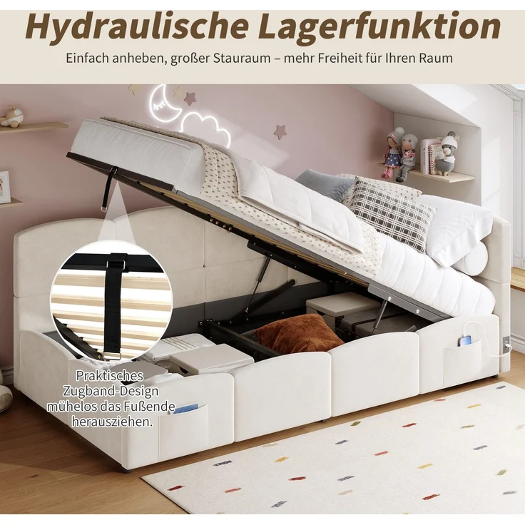 Polsterbett mit Aufbewahrung, Taschen, Lattenrost, USB und Type-C, 90x200 cm, Einzelbett mit gepolstertem Kopfteil, Samt – Bild 2