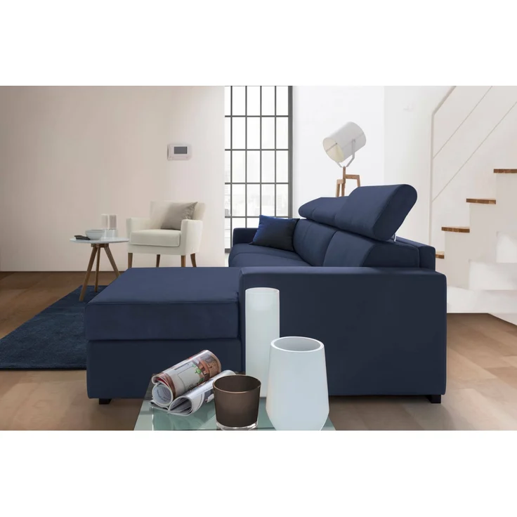 Dmora Sofa mit Halbinsel Ameno, Ecksofa mit rechter Chaiselongue aus Stoff, Standardarmlehnen, 100 % Made in Italy, 280 x 95 x 85 cm, Blau – Bild 5