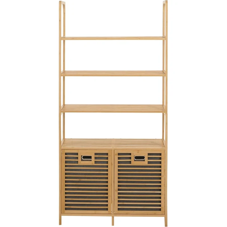 Bambus-Badezimmerschrank HWC-N83, Regal Badschrank, 2 Wäschekörbe 4 Regalböden MVG 168x81x33cm ~ natur, Korb grau – Bild 7