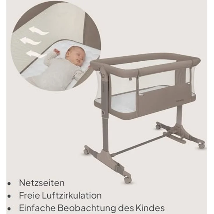Lionelo Pari Beistellbett 3in1, 6-Fach höhenverstellbar mit Neigungsverstellung für Boxspringbett, als Wiege & Babybett, Netzseiten, Rollen mit Bremse, Matratze, Gurte, Transporttasche, 84x48 cm – Bild 6
