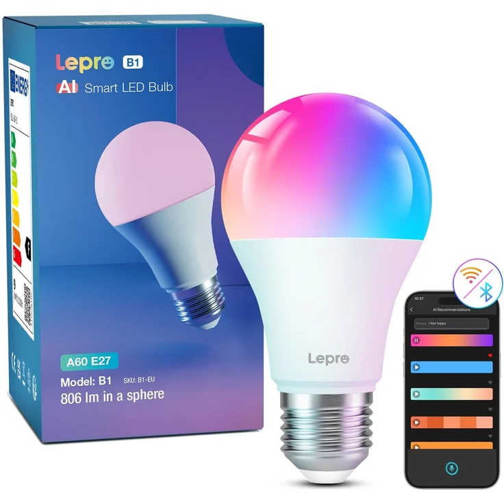 Lepro AI Smart Glühbirne B1, E27 Lampe 8.5W 806lm Dimmbar, Personalisierter KI-Lichtdesigner, Sprachsteuerung/Musik Sync, WiFi & Bluetooth Smart Bulb, Kompatibel mit Alexa/Google Assistant – Bild 1