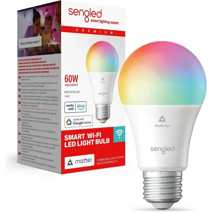 Sengled LED-Smart-Glühbirne (E27), für Matter und Alexa geeignet, mehrfarbig, entspricht 60 W, 800 LM, sofortige Kopplung, Matter-kompatible Plattform erforderlich, 2,4 GHz, WLAN, 1er-Pack