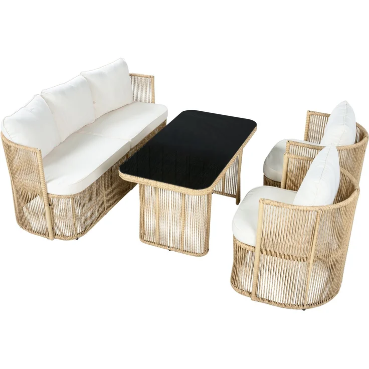 Merax 5-teiliges Gartenmöbel Set, PE Rattan Garten-Loungesessel-Set mit 3-Sitzer Sofa, 2 Sessel & Glastisch – mit Polyester Kissen, Stahlrahmen & gehärteter Glasplatte, Beige – Bild 9