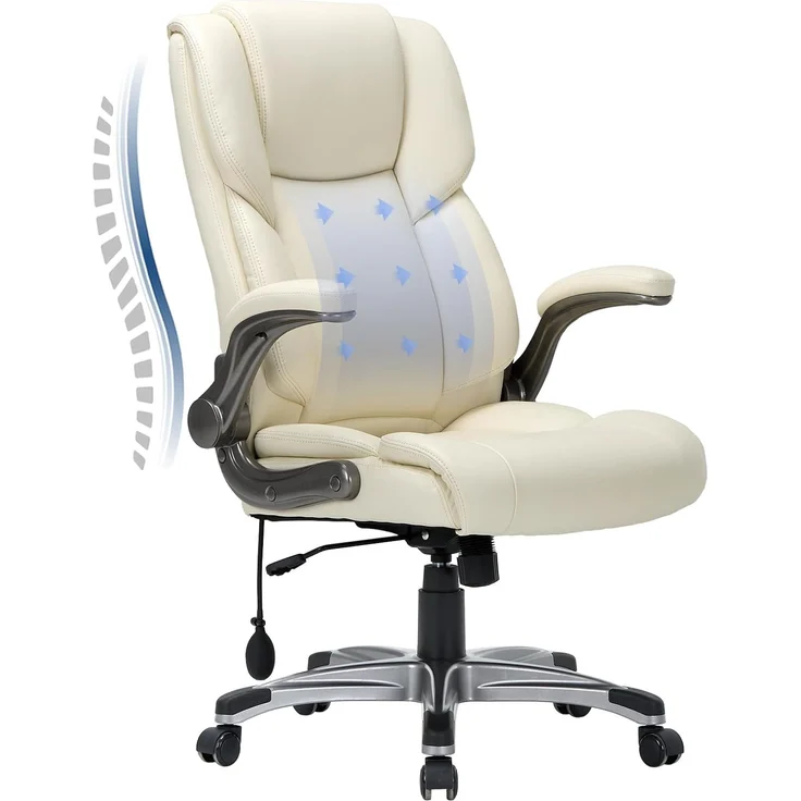 COLAMY Bürostuhl Ergonomisch, Chefsessel mit Hoher Rückenlehne, Schreibtischstuhl Lederstuhl mit Gepolsterten Klapparmlehnen, Verstellbarer Neigungsverschluss, Drehstuhl für Erwachsene, Elfenbein – Bild 1