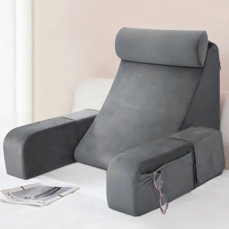LEMLIT Rückenkissen Lesekissen Mit Armlehnen Und Kopfkissen, Memory Foam, Grau, 1er Set, 1-tlg, Verpackungsabmessungen: 40 x 18 x 12 cm, 45° Rückenlehne, Waschbarer Bezug, Seitentaschen, Für Erwachsene