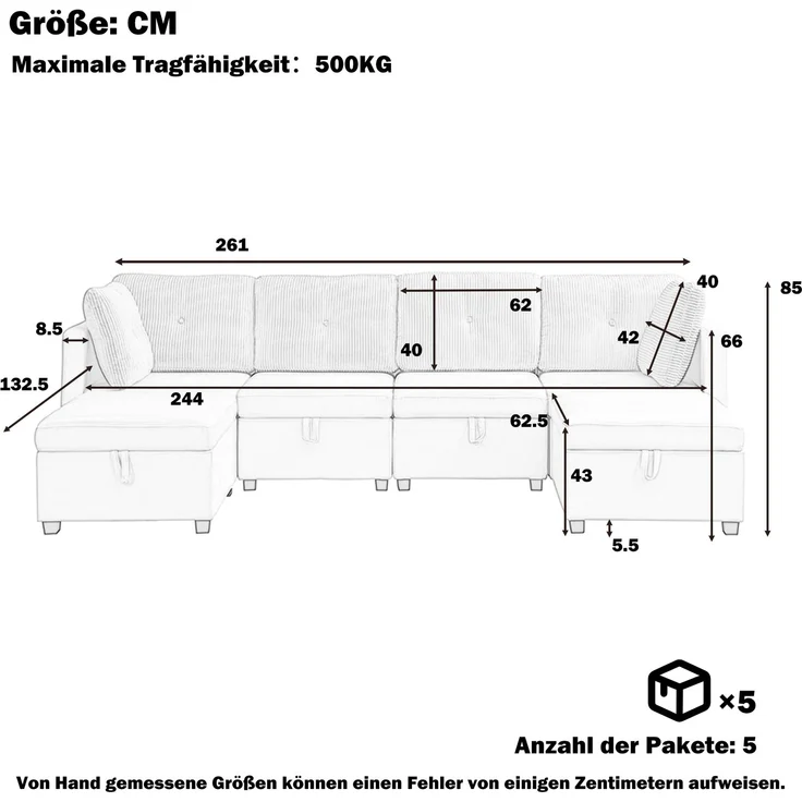 4-Sitzer Wohnlandschaft,H 85 x T 261 x B 132.5 cm, modular mit Samtbezug und Stauraum – Bild 5