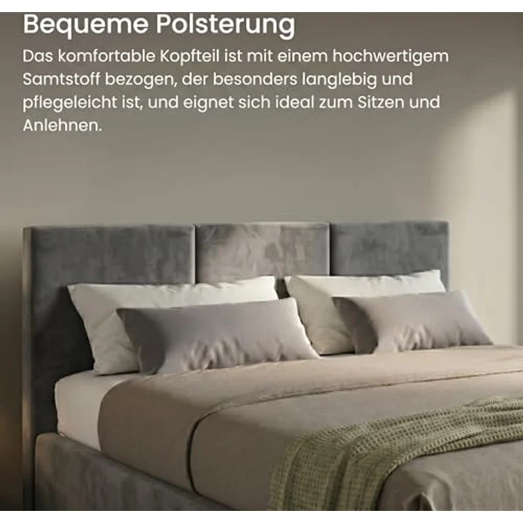 Home Collective Polsterbett Doppelbett mit Stauraum, flexibler Lattenrost mit Härtegradeinstellung, 120x200 bis 180x200 cm, samtweicher Veloursstoff in Aschgrau, in Europa hergestellt – Bild 4