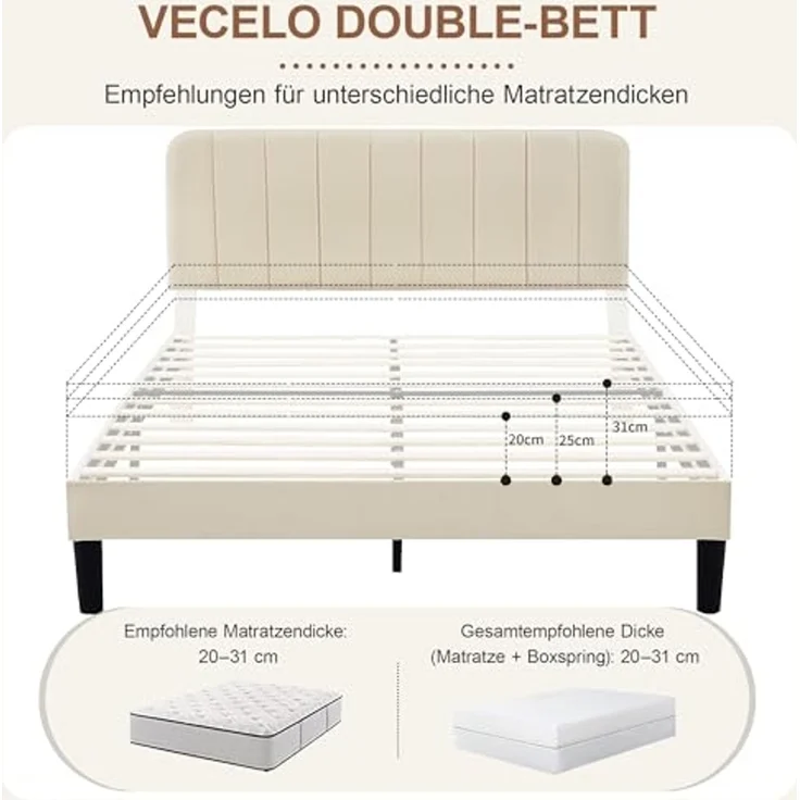 VECELO Polsterbett 140x200 cm, Doppelbett mit Höhenverstellbarem Kopfteil, Samtbezug und Stabiler Lattenrost, Geräuschfrei, Einfache Montage, für Schlafzimmer und Gästezimmer, Beige – Bild 7