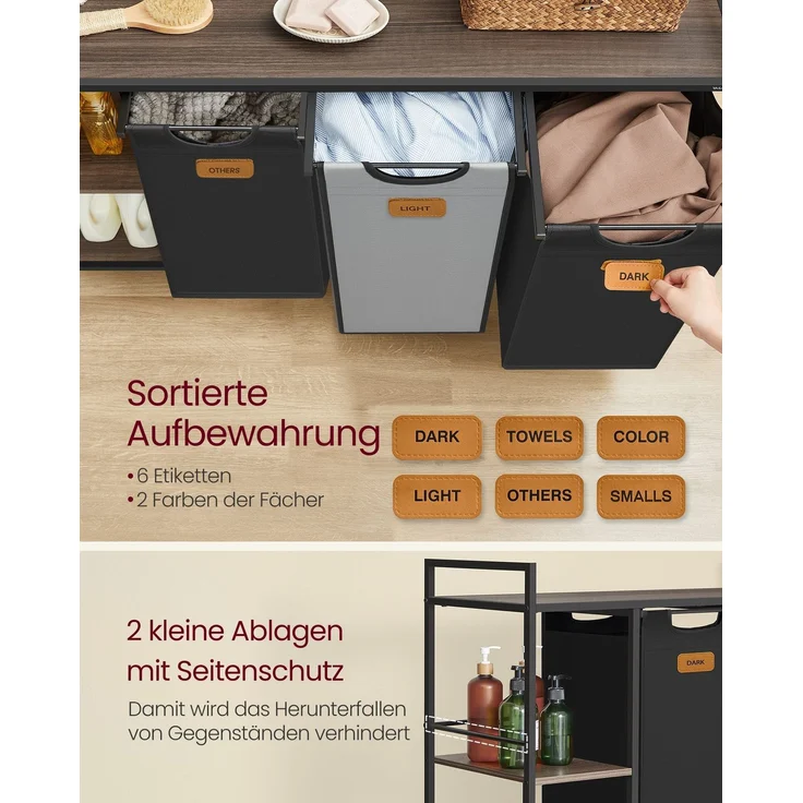 VASAGLE Wäschekorb 3 Fächer, Wäschesammler 150 L, Wäschesortierer, Rollen, Wäschewagen mit Ablagen, Wäschesack, mit abnehmbaren Taschen, 6 Etiketten, kastanienbraun-tintenschwarz-taubengrau – Bild 4