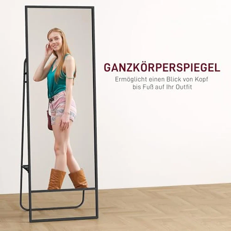 HOMCOM Ganzkörperspiegel 157 x 50 cm, Rechteckiger Standspiegel mit Regal und 2 Haken, Metallrahmen in Schwarz, ideal für Schlafzimmer, Wohnzimmer und Flur – Bild 3