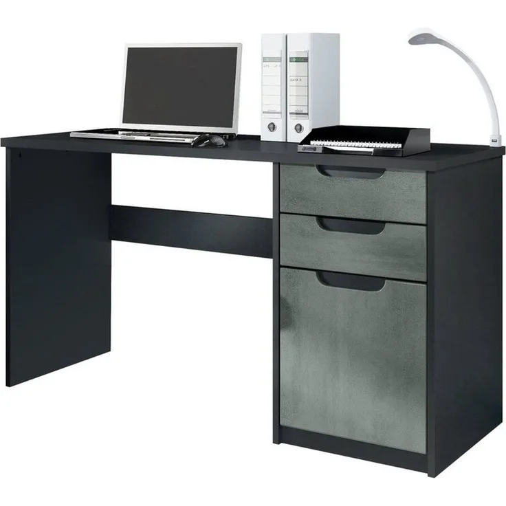 Vladon Schreibtisch Logan, Bürotisch mit 2 Schubladen und 1 Tür, Schwarz matt/Beton Dunkel Optik (129 x 76 x 60 cm)