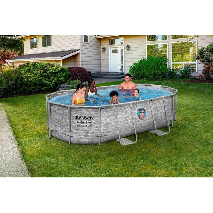 Bestway Power Steel Swim Vista Series Frame Pool Komplett-Set mit Filterpumpe 427 x 250 x 100 cm, Steinwand-Optik (Cremegrau), oval – Bild 2
