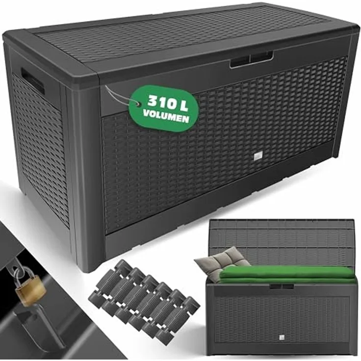 KESSER® Auflagenbox Kissenbox 310 Liter mit Rollen klappbarer Deckel Haltegriffe Rattanoptik Gartenbox wetterfeste Gartenkiste Aufbewahrungsbox Anthrazit