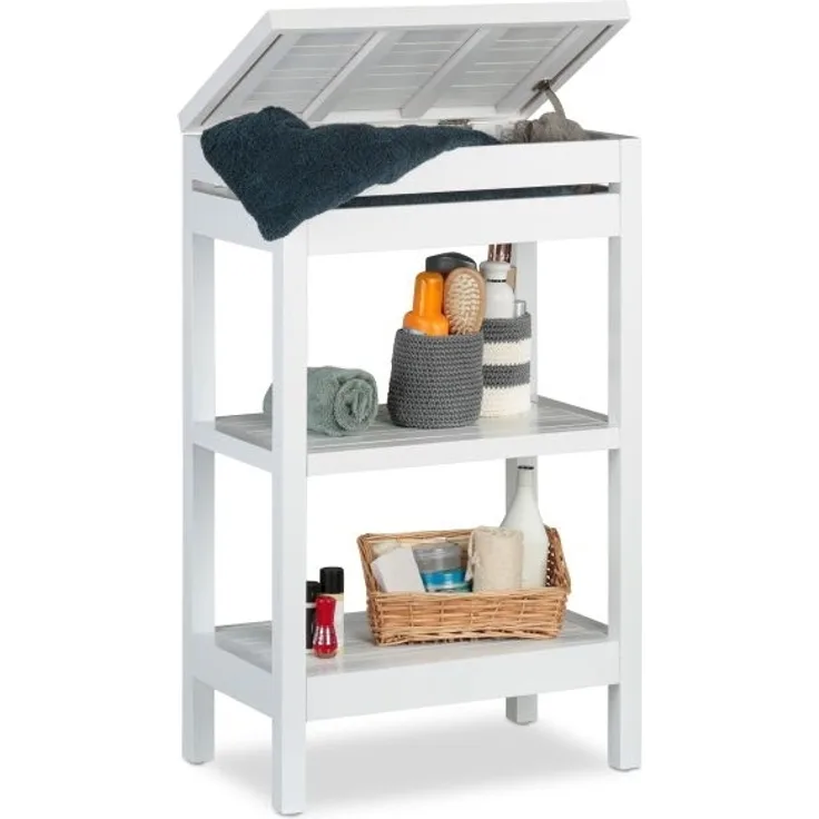 Relaxdays Regal mit Ablagen und Klappe, Bambus weiß, 46 x 29,5 x 76,5 cm